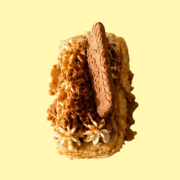 A single cheesecake piece centered on a pale yellow background. The dessert appears to have a light tan base, brown crumb topping, piped cream-like frosting in flower shapes, and a long textured brown cookie placed on top.