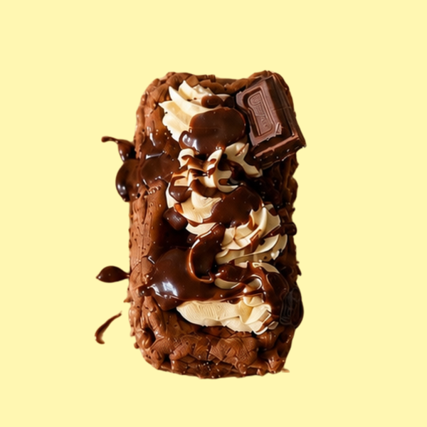A rectangular chocolate cheesecake topped with piped whipped cream, drizzled with chocolate ganache and a square piece of chocolate to garnish.